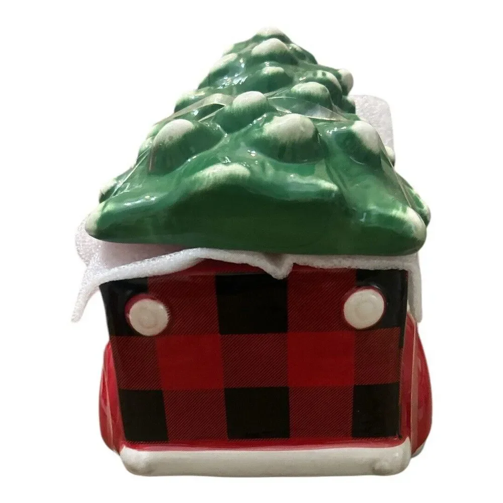 Red &‎ Black Plaid Ceramic Pickup Truck Christmas Tree Cookie Jar